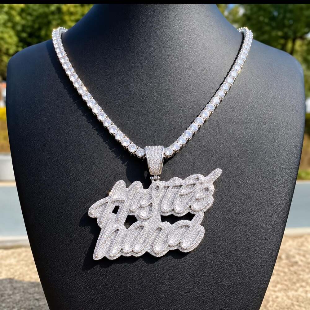 Silver Hustle Hard Pendant Necklace with Iced Out Tennis Chain – 20” or 24